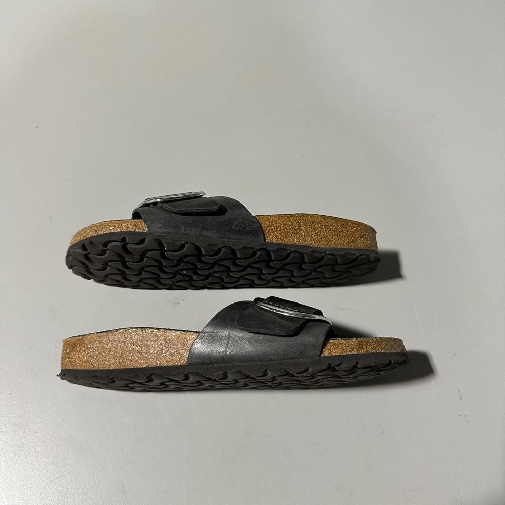 Birkenstock Black Single Strap Slide Sandal with Silver Buckle - Picture 5 of 7